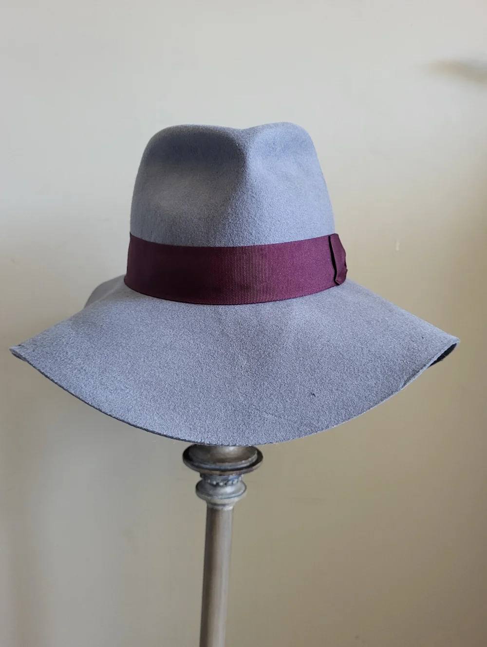 Grey Wool Wide Brim Fedora Hat Burgundy Ribbon Trim One Size